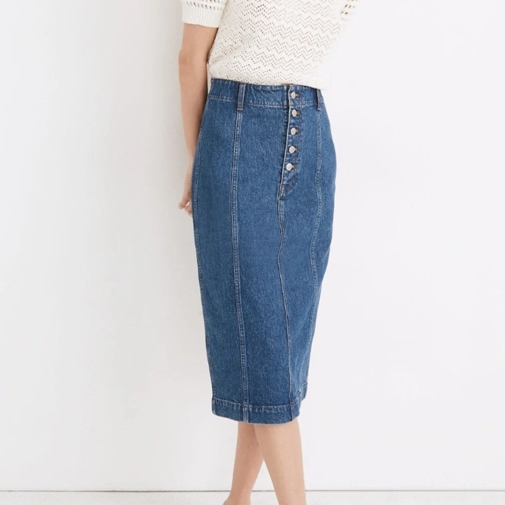 Madewell Stretch Denim Button Front Midi Pencil Skirt Medium Wash Small 28